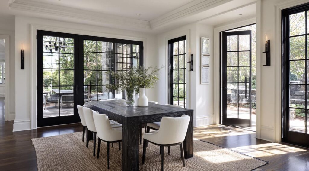 Understanding Paint Finishes: Matte, Satin, Semi-Gloss, and More 1 dining room table, chairs large windows with trim, representing how to choose the best paint colors and paint finishes